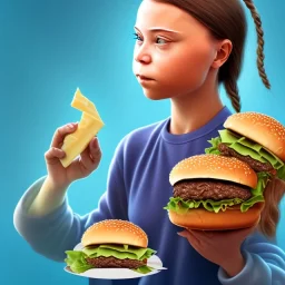 Greta Thunberg eating cheeseburgers oozing with grease.