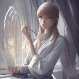 Anime, female student studying on window,perfect face, cool face, ultra detail, unreal engine 5, cinema4d, sun light, studio lighting --ar 1:1 --v 4