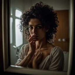 Cinematic photograph of (fineart:1.2, masterpiece1.2) (Photorealistic1.2) (Winner of International Photography Award winner) breathtaking portrait of a 28 year arab woman ltaking a selfie in the bathroom mirror, (Face:0.5)(perfectbody:1.2)the phone is to the side of her face,. black curly hair, Nikon d850 photo with a macro shot dreamy model shoot style, intricate details, 4k, (Professional lighting, sharp focus, perfect compostition, trending on artstation)