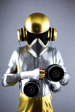 Metallic Cyber-punk style man with camera-mask and old AKG-style headphones with golden rings. Fencing mask covers man's cheeks. Good body shape. Reflective plastic. Body and head full of integrated old-fashioned cameras. Ancient silver telephone attached to perfect body, trunk. Euclidean 3D-tiling, Escher tiling, background. Cables from shoulder, connect. Daft Punk, Tron Matrix movie black leather jacket, tippet. Yellow latex areas in black leather surfaces body. 1990's. Trypophobia, small hole