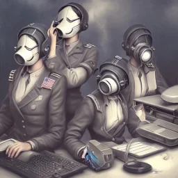 cute girls sitting at the computer in military gas masks. one of the girls is sticking out of the channel