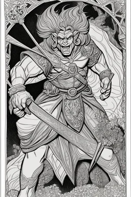 coloring book page of a gigantic troll holding a sword