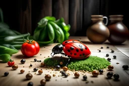 a ladybug walking on the kitchen table between vegetables and spices