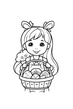 Coloring pages for kids, cardboard style, uncolored, white background, coloring page, design themed easter with a cute girl, coloring page for kids, full body portrait, cartoon style, clean line art middle detailed, white background, black and white, coloring book, free lines, 8k, no shadows, low detail, 2D, high resolution, middle outline, black and white vector art to color, simetrical eyes, perfect anatomy