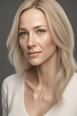 realistic, (39yr old female)without makeup, beautiful face, angled head position, studio lighting, cinematic light, beautiful woman, milk beige middle hair, on white background, 8k Resolution, highly detailed, non-symmetrical body and detailed hairstyles and skin texture