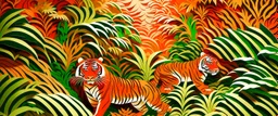 An orange colored rainforest with tigers designed in Chinese paper art painted by Frank Lloyd Wright