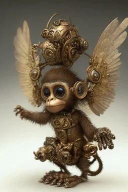 small cute steampunk mechanical monkey, made of metal with mechanical wings, cute hands and feet