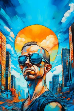 A surreal picture of a man wearing sun glasses looking at the camera with crystal visible chest in side it merge a big city buildings. Busch painting style , mystery, anger oil rough brush with thick colors, wearing nucleus with big cross on his chest , blue colors picture with colorful clouds and hanging a gudrone in the sky from a distance