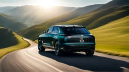 black Cross between black matte bentley bentayga EXP Concept, on a road of green hills in morning, clear blue sky, shining sun rear view