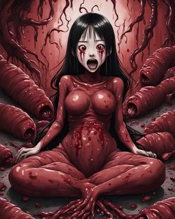 Petit weird woman crushed inside really darkred fleshy stomach filled with digestive juices, sit pose, fullbody, screaming, tears, Junji Ito style, darkred tones,