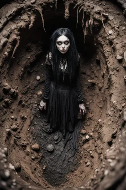 Closeup tall Girl goth with big eyes, fullbody, ragged clothes, behind her mud and rats, extended like roots, the perspective looking up from the bottom of an empty well , 8k,macro photography,