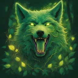 Vivid green wolf covered in vines and leaves opening their mouth and firing a beam of glowing gold and green out, in scribble art style, background forest