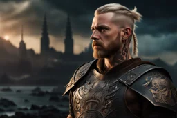 photorealistic portait of henry cavell as viking with blonde undercut tribal tattoos wearing modern mercenary uniform fantasy dark cityscape