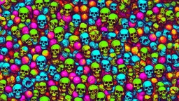 a field of 1000s of cartoonish, anatomically correct, skulls, vivid RANDOM BRIGHT neon colors, dark comedy, well lit, high detail, photorealistic, horrorcore, fun, scary, none featured, each a different color or hue,