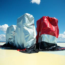 Fotografia di una superficie piatta di colore azzurro chiaro e giallo pastello, su cui si ergono alcuni gigantesche immense enormi strutture di forma indefinita, fatte di materiali vari, ricoperte da materiale plastico argentato, rosso, e nero, che scende a terra. Max Ernst, Amano, Yves Tanguy, Piet Mondrian, James Ensor, paranoic, obsessive, eccessivo, aria aperta, sole, nuvole, glossy, surreal, hasselblad h6d400c --ar 85:128 --v 6.