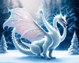 mdjrny-v4 style, a white dragon with fairy-like transparent glowing and sparkly wings standing in snow, full body, silver and teal background, glowing soft and smooth wings, realistic, highly detailed intricately detailed, shiny snowy background, soft studio lighting, trending on artstation, by artist "Julie Bell", by artist "Greg Rutkowski"