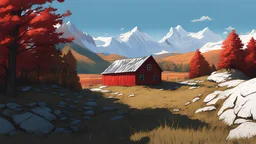 Concept art of a red barn with a blue sky and the sun and clouds with mountain in the background