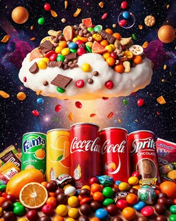 An image filled with Fanta, Coca-Cola, and Sprite soft drinks and a cloud above filled with chocolate and fruit juices, various fruits, fruit pieces, various chocolates from global brands, M&M chocolates, chips, snacks, and chewing gum in a psychedelic, colorful, and eye-catching space.