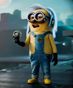 Minion toddler, cyberpunk, full body, white hair, leather jacket, dramatic lighting, hyper realistic