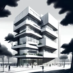 Dibujo arquitectónico de un edificio de cinco pisos, moderno, diseñado aplicando la proporción, estilo minimalista futurista, calidad ultra, gente, árboles, colores contrastantes