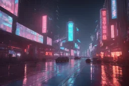 3D, beautiful, light reflecting, empty future city at night, rainy night, neon, cyberpunk, tron, robots walking, 8k, finely detailed, photo realistic