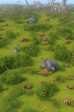 Close-up animation image of an island full of wild warthog, with them running around crazy and wild