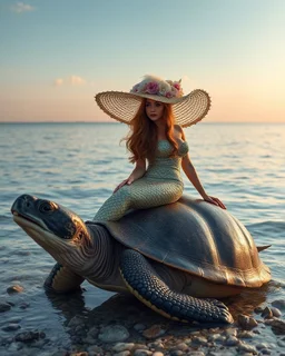 best angle photoshoot full body beautiful Mermaid sitting on ridding large turtle,she wearing luxurious shimmer hat large made from borroque elements flowers sea, sea shore.Sony Alpha 7 50mm realistic photography