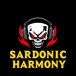 minimalist logo for rock band jaundiced yellow text "SARDONIC HARMONY" in a futuristic font, sinister evil marshmallow head with headphones and red flames silhouette, dark negative space, stylish, wow factor