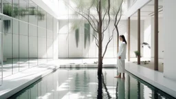 Woman in the foreground dressed in white in a bright white minimalist interior courtyard where the murmur of water whispers and the shadows of some leaves of nearby plants sway