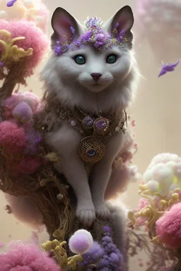 Fluffy fashion brushtail lighthouse with curly puffy hair, lavender nose, firebrick colored eyes, Octane Render by artist "Jasmine Becket-Griffith", by artist "Daniel Merriam", liminal space, deep color, fantastical, intricate detail, complementary colors, fantasy concept art, trending on Artstation Unreal Engine 5