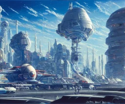 Spaceport on a heavy industrialized planet with a vibrant city in the background and a starting spaceship in the foreground, art by John Berkey, buildings with glass facades, insanely detailed, vibrant, 8k uhd, cinematic atmosphere, ultra-wide angle, street level view, brush strokes, blue sky with clouds, sharp focus