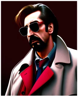 hans gruber wearing a trench coat and red sunglasses staring with a judgmental look on his face