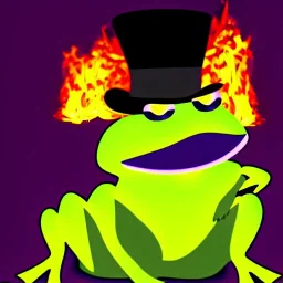 frog wearing a top hat watching flowers burn with a purple flame, digital art