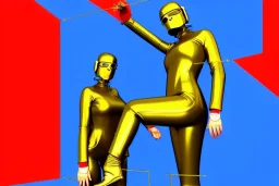 Golden surfaces body, latex. partly coverage metallic. Hot Russian military women troop. Old-fashioned telephones, cameras integrated to heads. Strange Cyber-punk machines! Dystopia perfect body. Red&blue 3D-tiling. Partly symmetrical in relation to machines. Perfect golden ratio in vertical and horizontal directions. warping time-space-continuum. Steam-machines in 5th dimension Tessellation in 4-dimension long tendrils. paranoid neon disco. Oppressive atmosphere.