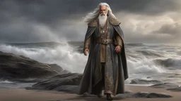 The stately and wise sorcerer named Pealda Stormbringer is walking on a rocky beach looking at a stormy ocean. He is dressed as a lord. He has grey hair and a white beard. beautiful light brown leather gloves. no jewelry. everything is intricately sculpted, exquisite realism, fantasy art, identical eyes, perfect face, Hyperrealistic, splash art, concept art, mid shot, intricately detailed, color depth, dramatic, 2/3 face angle, side light, colorful background