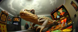 pinhole cam, master oil painting by Rembrandt, good afternoon bitch scary geek gecko dragon turtle, playing pinball