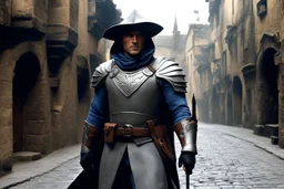 (photo from a movie by Lyon Sprague de Camp) a medieval grey ranger as investigator in the mysterious streets of the old city, close to The Goblin Tower, dust, staff, the danger is never far in the shadows of the streets