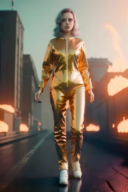 retro sci-fi portrait image from 1980, New York street explosions, fire, people running, sweet young blonde woman walking, tight latex suit, soft color, highly detailed, unreal engine 5, ray tracing, RTX, lumen lighting, ultra detail, volumetric lighting, 3d, finely drawn, high definition, high resolution.