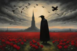 Childe Roland to the Dark Tower Came, standing in a field of red roses, a crow is flying; style Caspar David Friedrich