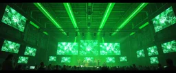 giant industrial halls green tube lighting choir vocals ancient-celtic-meets-cyberpunk imagery synchronized mechanical drumming flickering CRT screens saying SYSTEMA STABILE