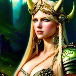 portrait 'beautiful Sexy Busty Blonde Sif',braided long hair,horned helmet, celtic tattoed,crystal clear green eyes,painting by gaston bussiere, greg rutkowski, yoji shinkawa, yoshitaka amano, tsutomu nihei, donato giancola, tim hildebrandt, oil on canvas, cinematic composition, extreme detail,fit full head inside picture,32k