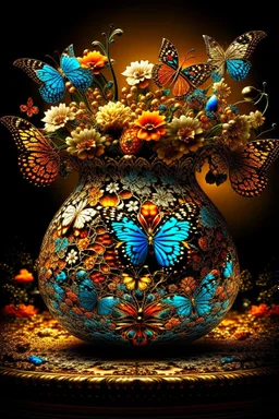 83. digital painting, magic vase woven from butterflies and caramel fractals, rhinestones, radiance, patterns on the tablecloth, bouquet of butterflies, high detail, high resolution, contrast