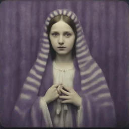 Virgin mary,purple fur, striped wallpaper, old autochrome