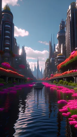 busy alien city, smooth buildings, flowers, canals, wide angle, 4k photo, hyperrealistic