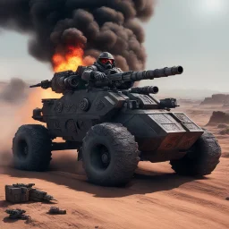 [high res hell photo] Ride Armored pilot vehicular Insanity with demonic wheels and runes carved on the blindage in a deicide context, smoking sniper gun with heavy cannon and hyperbolic cursed ammo