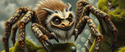 the weird face smart human nerd of a fluffy dragon spider rocker with charm in web from mossy tower, master oil painting by Rembrandt and Escher, moss covered space station, brightened edges to give a sense of depth