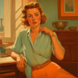 realistic oil painting of woman in messy blouse pointing to her neck, 1950s architecture interior house, art deco furniture visible. peach orange and cyan interior