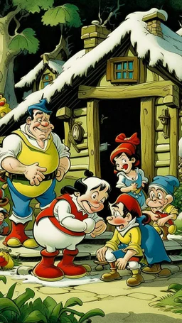 Snow White soon learns that the cottage is the home of seven dwarfs named Doc, Grumpy,who work in a nearby mine. Returning home, they are alarmed to find their cottage clean and suspect that an intruder has invaded their home