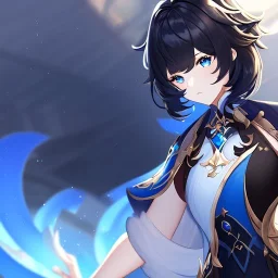 Clear focus,High resolution, Black short fluffy hair, and blue eyes, wearing a Genshin Impact inspired outfit, detailed clothes,must be wearing a short skirt, Potrait