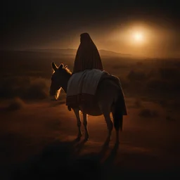 an extremely realistic photograph of a pregnant Virgin Mary sitting on the back of a donkey , a man, Joseph standing beside the donkey, traveling to Bethlehem as in the Bible , in semi darkness with above a comet that sheds its beam in the distance , (Rembrandt Lighting), zeiss lens, ultra realistic, (high detailed skin:1.2), 8k uhd, dslr, Dramatic Rim light, high quality, Fujifilm XT3